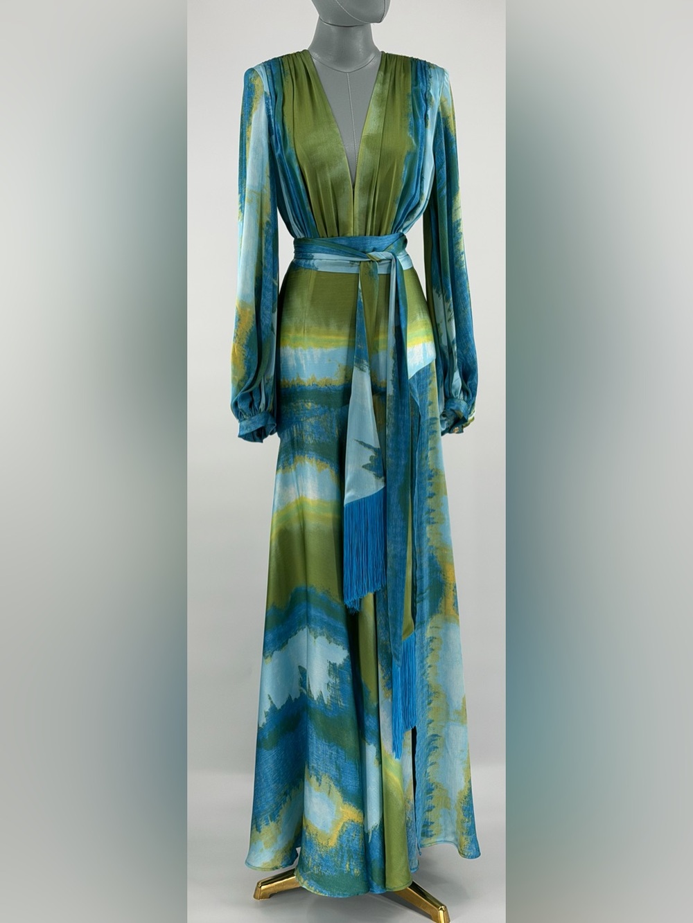 🆕 BRONX & BANCO 🧿 NWOT Coastal Carmen Belted Fringe Gown, Blue - Sz XS US 2 - Picture 4 of 16